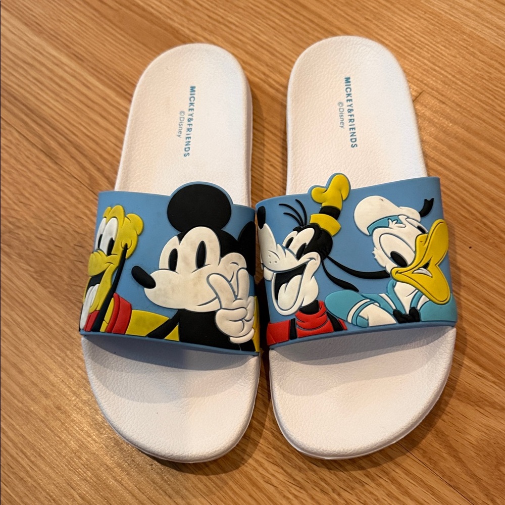 Disney White Slide Sandals with Blue Mickey & Friends Strap